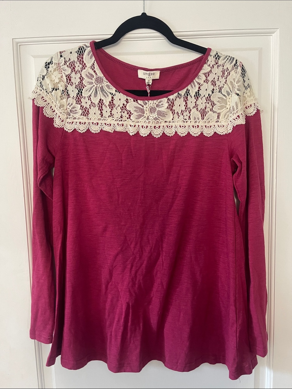 Umgee Raspberry Long Sleeve Top with Cream Lace Yoke